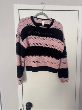 Women’s Pink and Black Striped Open-Knit Sweater